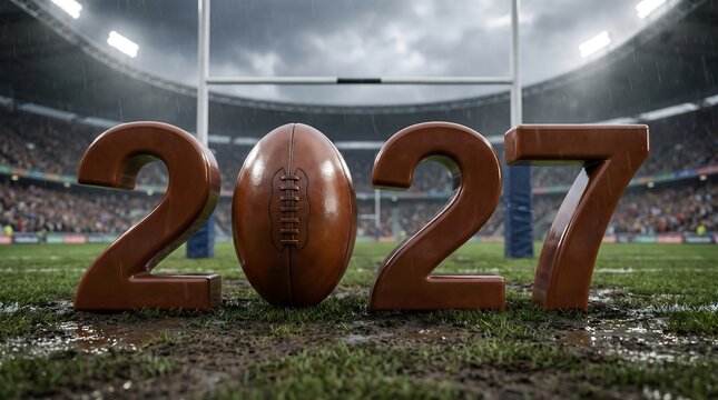 Rugby ball and 2027 numbers on stadium field, dramatic lighting, sports event concept