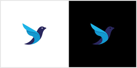 Naklejka premium Stylized Blue Flying Bird Logo Design on White and Black Backgrounds