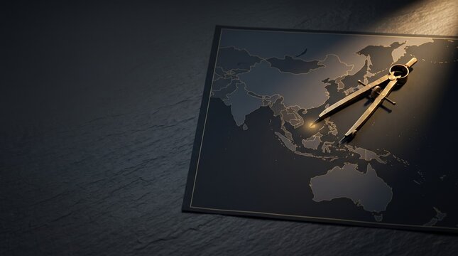 Golden compass tool on dark Indo-Pacific map mockup for navigation concept