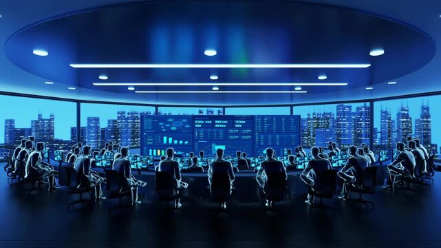 Virtual office in technology city, holographic digital office, a large team works in a circular, futuristic command center, surrounded by glowing data dashboards and overlooking a lit cityscape.