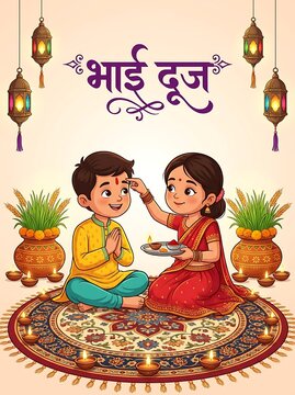 Bhai dooj celebration with sister applying tilak on brothers forehead