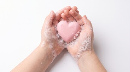 Fototapeta premium Public health: Child holds heart-shaped soap in foamy hands, symbolizing caring hygiene and germ prevention