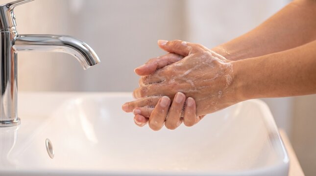 Public health: Person lathers hands with soap at bathroom sink to prevent germs and infection