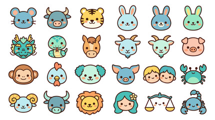 Fototapeta premium Cute animal zodiac icons set