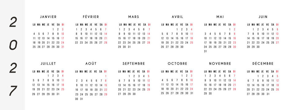2027 French calendar template horizontal landscape layout. Minimalist 12 month yearly wall and desk planner in French language for home and office organization.