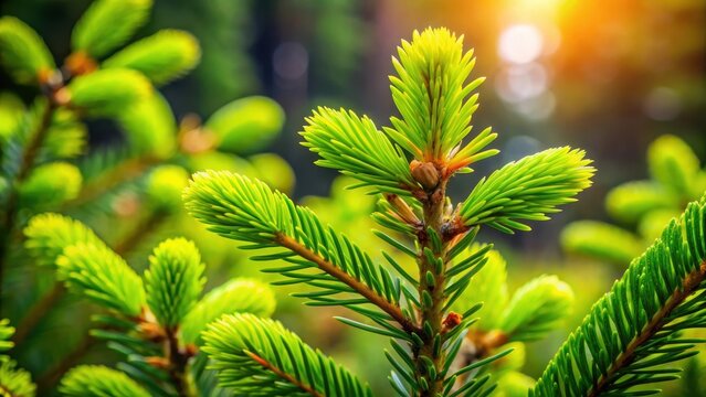 Closeup of young spruce tree shoots with fresh green needles in spring blurred forest background