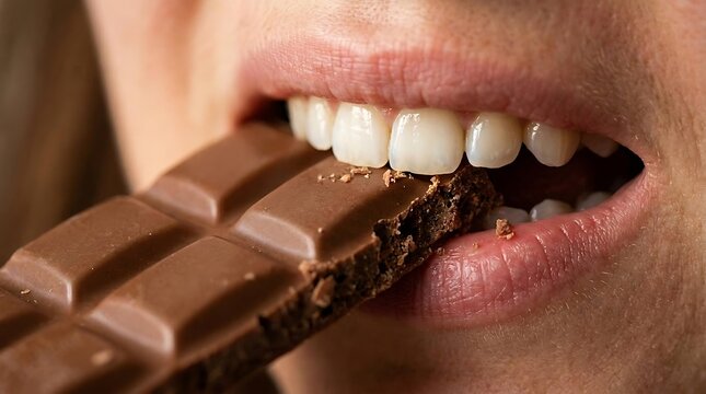 Close up of a woman's mouth biting into a delicious milk chocolate bar, enjoying a sweet milk chocolate bar as a snack, person craving a tasty milk chocolate bar dessert.
