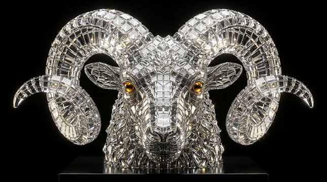Crystal Ram Head Sculpture Made of Transparent Glass Cubes on Black Background