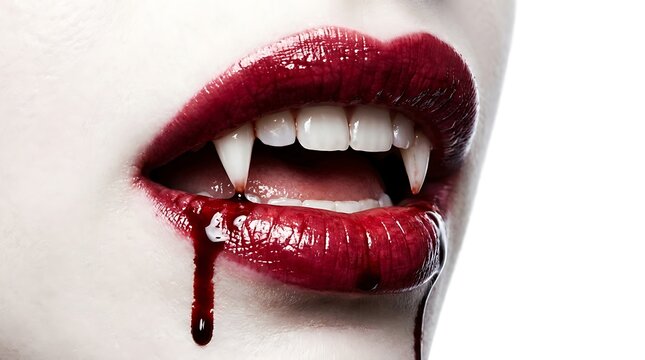 Closeup of a vampires mouth with sharp fangs and blood dripping from red lips isolated on white background