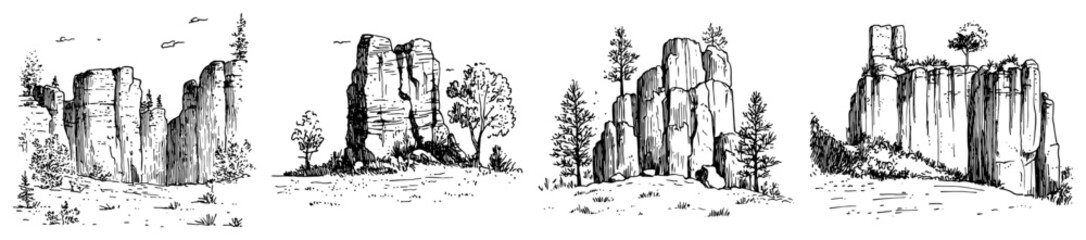 Obraz premium Natural rock formations and stone cliffs landscape set in vintage etching style