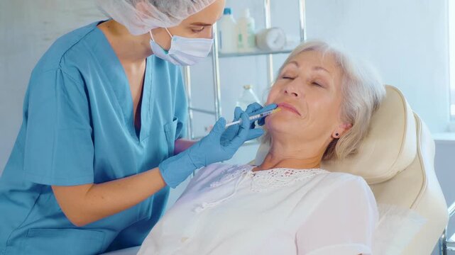 Relaxed elderly woman laying in treatment chair getting smile line fillers by skilled doctor at clinic 