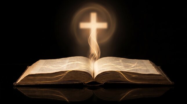 Open Bible with glowing cross. Holy scripture book with divine light and spiritual aura.