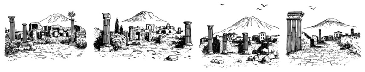 Roman ruins with columns and volcano landscape in traditional engraving style © Kaz