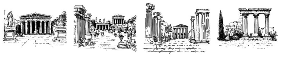 Fototapeta premium Classical temple architecture with monumental columns and courtyards in detailed line art style