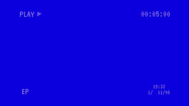 Retro vhs blue screen background with glitch distortion effects and playback overlay, 4k vhs play video