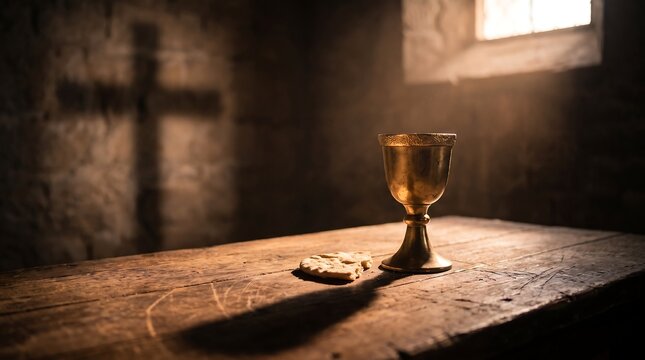 Holy communion chalice and bread on table. Christian eucharist ritual with cross shadow.