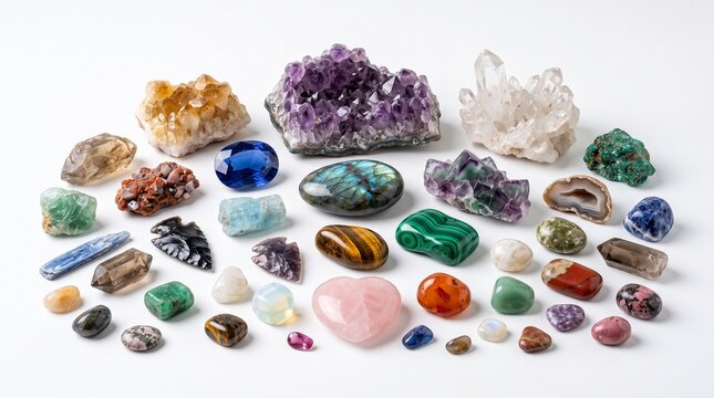 A vibrant assortment of natural raw crystals and polished colorful gemstones displayed on a clean white background.