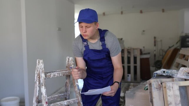 Teenager boy in coverall inspecting building site inside apartment, verifying documents during side hustle.