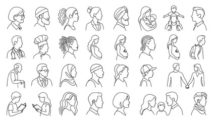 Obraz premium Continuous Line Portrait Silhouette Collection with Diverse Human Profiles, Professional Characters, Family Lifestyle Figures and Minimal Hand Drawn Vector Isolated on White
