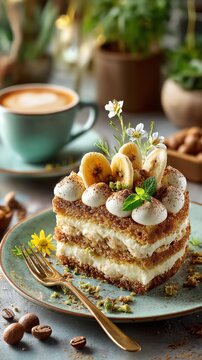 Delicious layered banana cake slice with coffee.