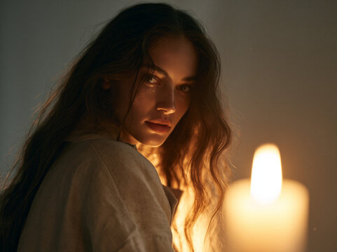 A woman with long hair illuminated by candlelight, looking over her shoulder. The warm glow of the candle creates a mysterious and intimate atmosphere. AI generative