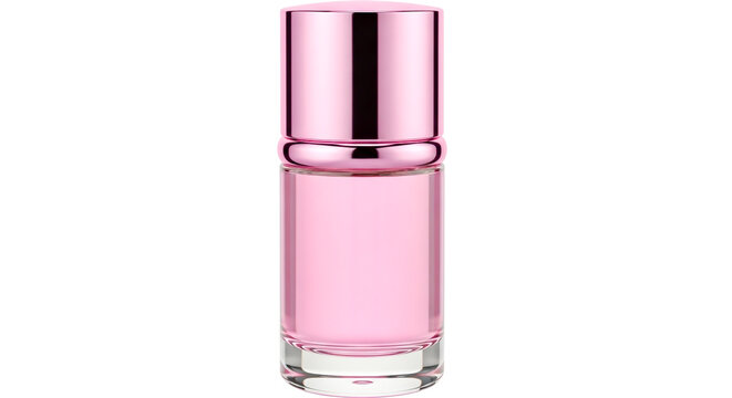 Pink perfume bottle with shiny metallic cap
