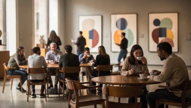 A calm museum cafe scene with people chatting near abstract art prints the main subjects crisp with artistic displays subtly blurred behind.