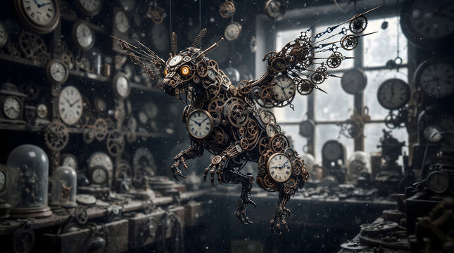 AI-generated creature made from antique clocks and gears frozen in time, surreal mechanical anatomy, steampunk dark fantasy sculpture, 4K