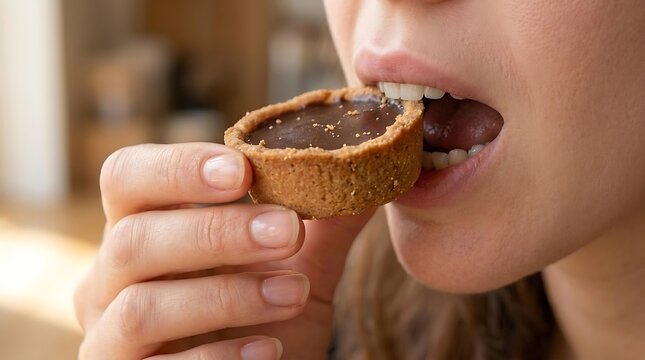 Close up of a young woman eating a delicious chocolate tart during her snack time, showing a person enjoying a sweet chocolate tart dessert with a bite, homemade chocolate tart pastry.