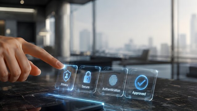 Business professional using futuristic interface for data privacy protection