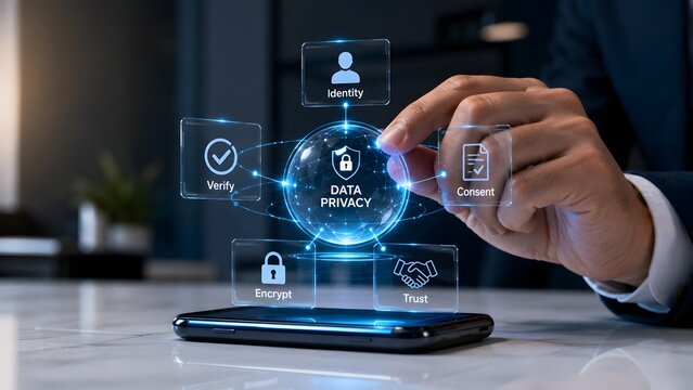 Businessman using digital interface for enhanced data privacy protection
