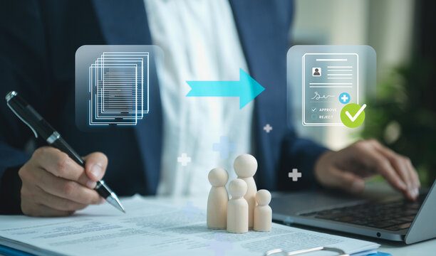 Insurance claim approval with family figures businessperson reviewing digital policy documents to streamline healthcare coverage verify eligibility reduce risk and secure financial protection.