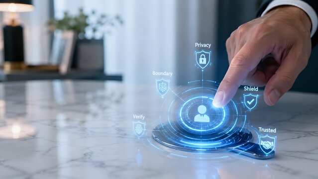 Businessman interacting with digital interface for secure data privacy protection
