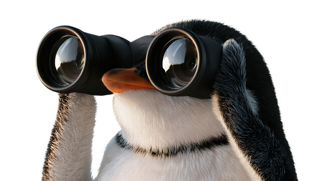 Cute penguin looking through binoculars isolated on white background