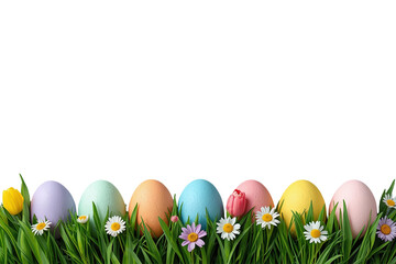 Fototapeta premium Bright decorative egg and wildflower grass border isolated on transparent background