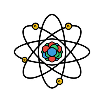A representation of atomic structure shows electrons orbiting a nucleus. The illustration uses bold lines and colorful atomic components.