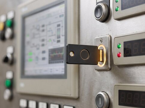 Black physical security key inserted into glowing orange port on brushed steel industrial control panel with blurry HMI screen background