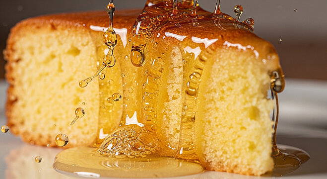 Revani cake absorbing syrup, liquid action photography