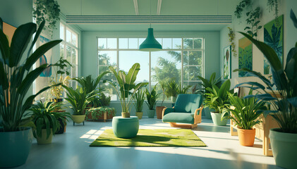 Fototapeta premium Bright green sunroom lounge with teal armchair and tropical indoor plants