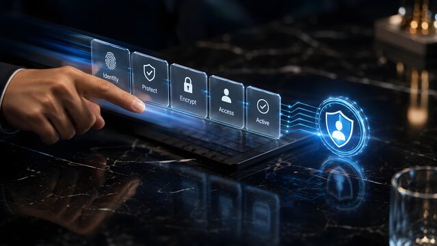 Businessman touching digital interface for secure data privacy protection