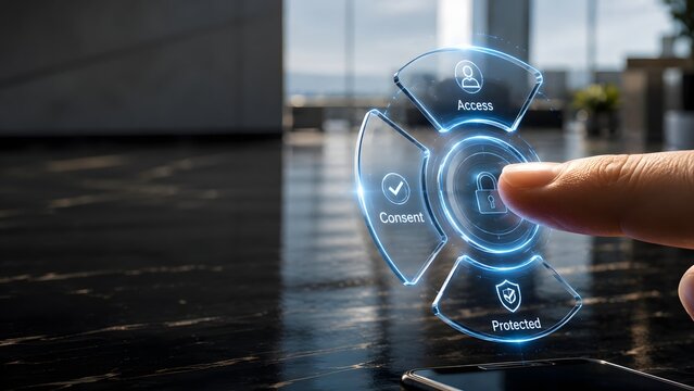 Finger touching digital interface representing secure data privacy protection