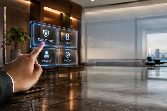 Business professional managing digital data privacy on virtual interface