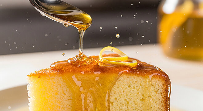 Revani cake absorbing syrup, liquid action photography