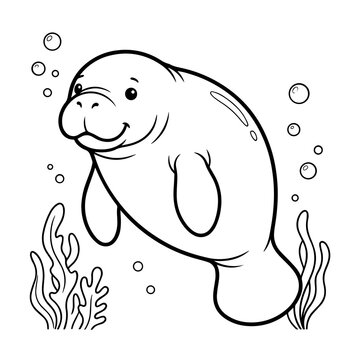 Cute manatee swimming underwater with bubbles and seaweed, black and white line for children coloring book on white background