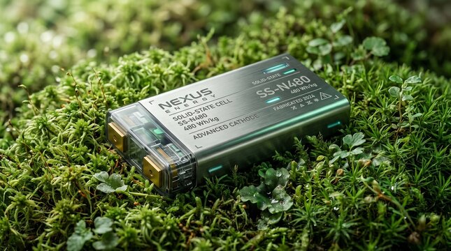 Futuristic solid state battery cell resting on green moss