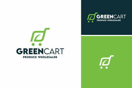 Shopping Cart or Buggy Trolley with Leaf for Greengrocer Vegetable Fruit Farm Shop Logo Design