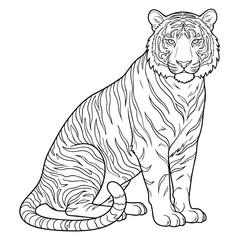 Fototapeta premium Detailed black and white line of a tiger sitting, isolated on a white background, for coloring book, page activity