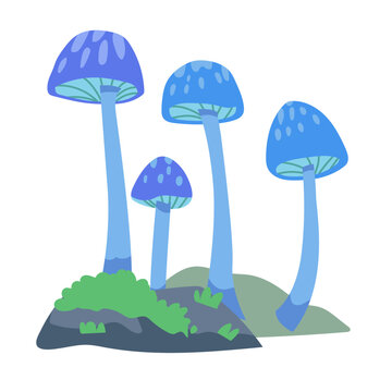 Glowing blue magical forest mushrooms vector illustration isolated on white background
