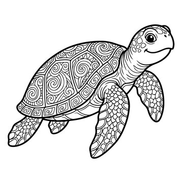 Friendly sea turtle with decorative shell patterns, black and white line for coloring book page ocean