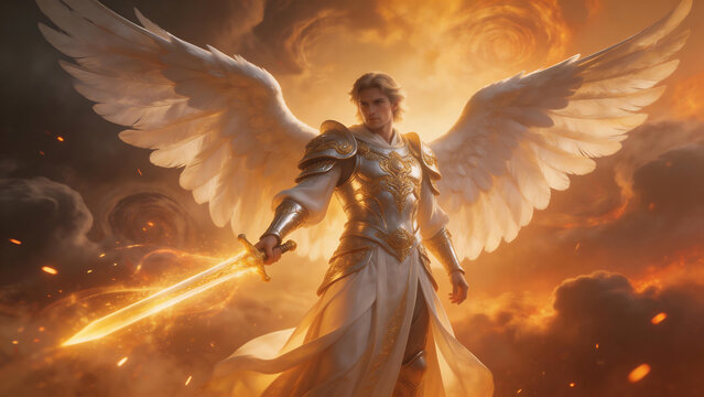 winged figure with sword in dramatic sky